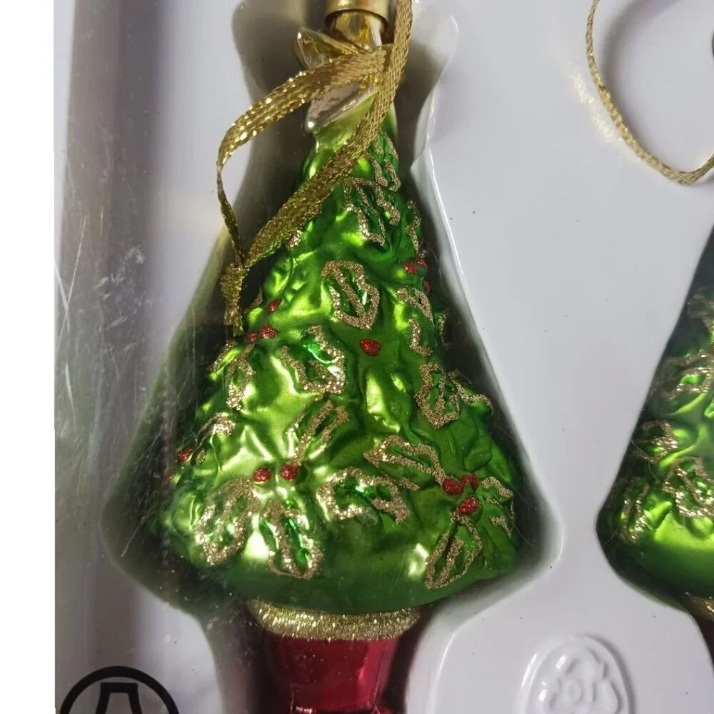 Ikea Set Of 2  Christmas Tree Ornaments With Gold Holly Pattern & Red Base